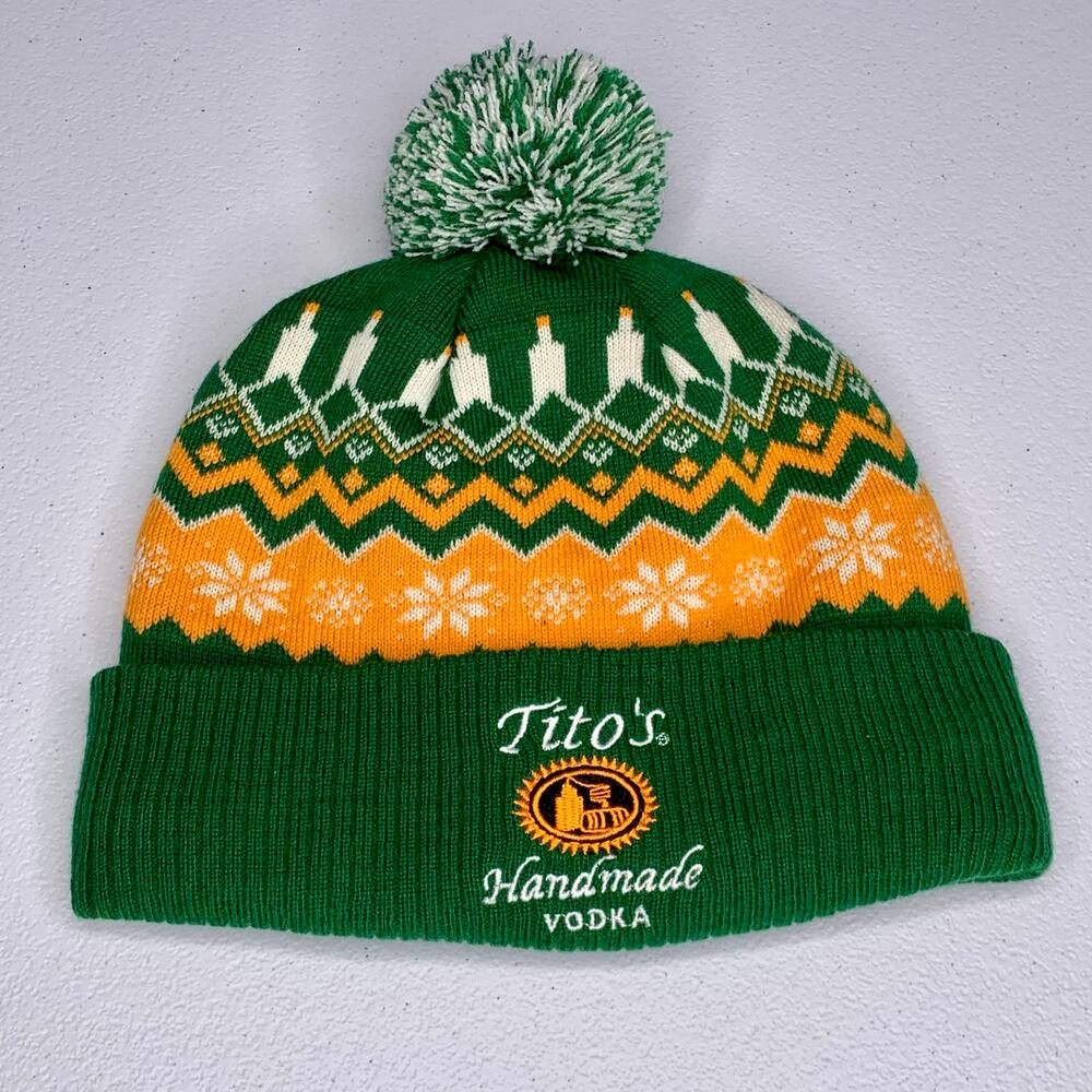 Tito's Handmade Vodka Knit Hat Winter Green Orange Beanie Pom-Pom Knit Fleece